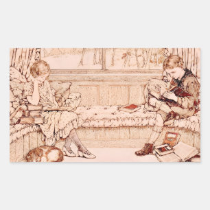 Pegatina Rectangular Ilustración antigua de niños leyendo