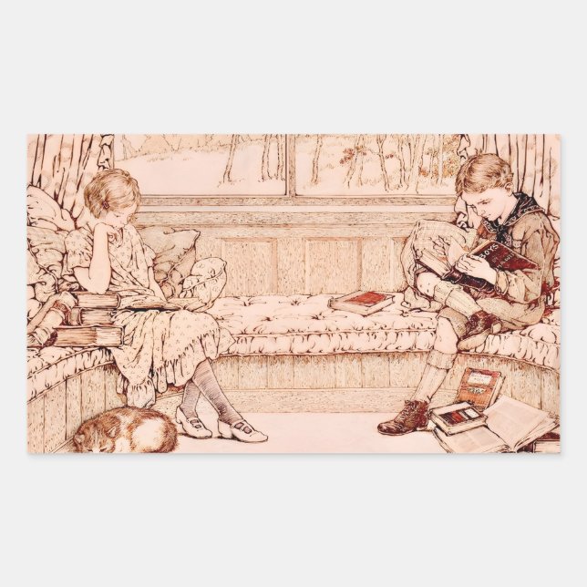 Pegatina Rectangular Ilustración antigua de niños leyendo (Anverso)