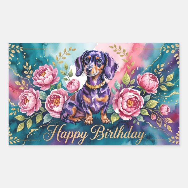 Pegatina Rectangular Ilustración de cumpleaños de Dachshund (Anverso)