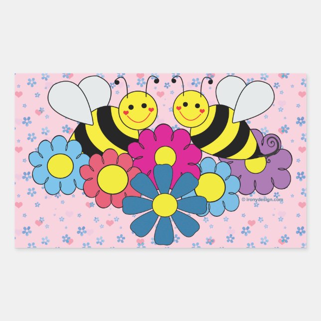 Pegatina Rectangular Ilustracion de diseño de abejas y flores (Anverso)