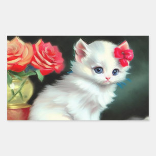 Pegatina Rectangular Ilustracion de gatito blanco con flores rojas