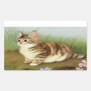 Pegatina Rectangular Ilustracion de gatito vintage con flores