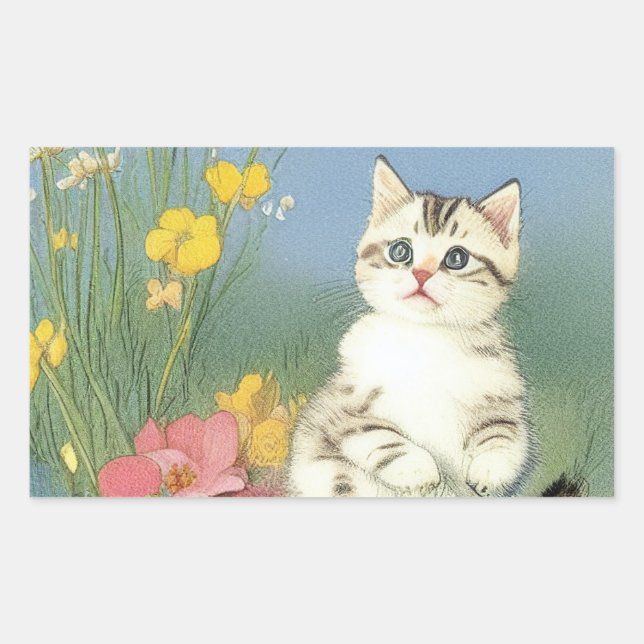 Pegatina Rectangular Ilustracion de gatito vintage con flores amarillas (Anverso)