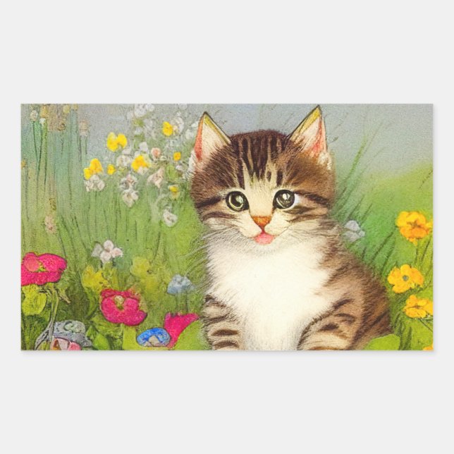 Pegatina Rectangular Ilustracion de gato sonriente vintage (Anverso)