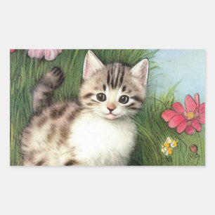 Pegatina Rectangular Ilustracion de gato vintage con flores rojas
