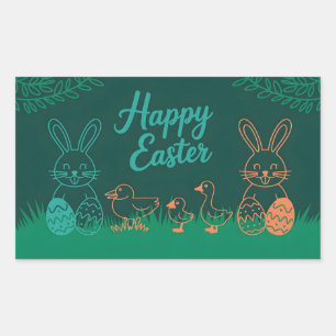 Pegatina Rectangular Ilustración de línea de Pascua con conejos y polli