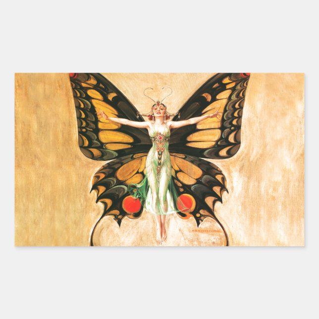 Pegatina Rectangular Ilustración de Mujer Volando Mariposa Flapper (Anverso)
