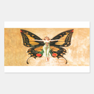 Pegatina Rectangular Ilustración de Mujer Volando Mariposa Flapper