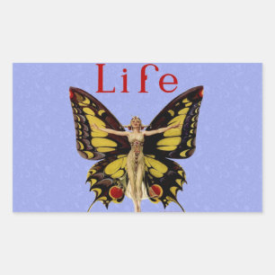 Pegatina Rectangular Ilustración de Mujer Volando Mariposa Flapper