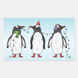 Pegatina Rectangular Ilustración de tres pingüinos navideños festivos
