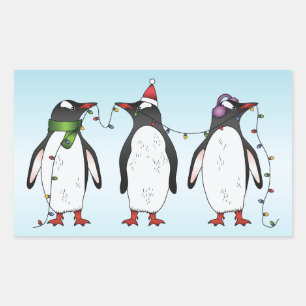 Pegatina Rectangular Ilustración de tres pingüinos navideños festivos