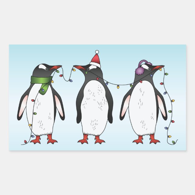 Pegatina Rectangular Ilustración de tres pingüinos navideños festivos (Anverso)