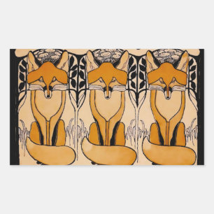 Pegatina Rectangular Ilustración de zorros Art Nouveau Vida silvestre