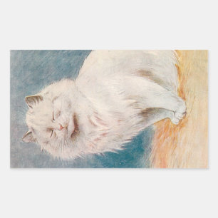 Pegatina Rectangular Ilustracion Gato Blanco con los ojos cerrados por