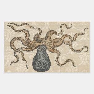 Pegatina Rectangular Ilustracion Octopus Kraken Vintage