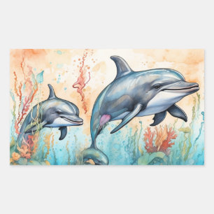 Pegatina Rectangular Impresión artística de delfines en acuarela