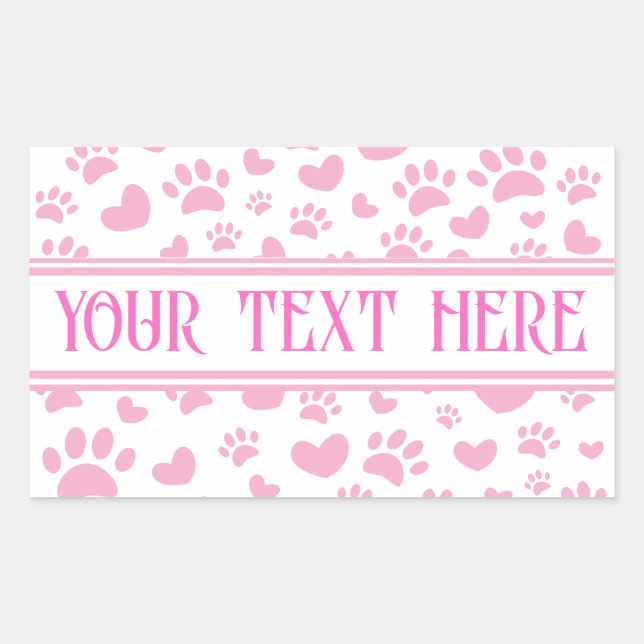 Pegatina Rectangular Impresión de garras de perro y corazones con nombr (Anverso)