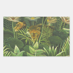 Pegatina Rectangular Impresión vintage de león en jungla tropical de He