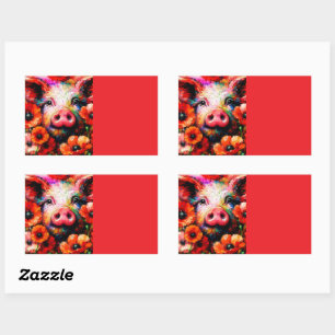 Pegatina Rectangular Impresionante cerdo en flores de amapola roja