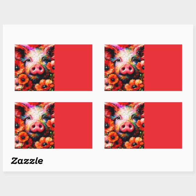 Pegatina Rectangular Impresionante cerdo en flores de amapola roja (Hoja)