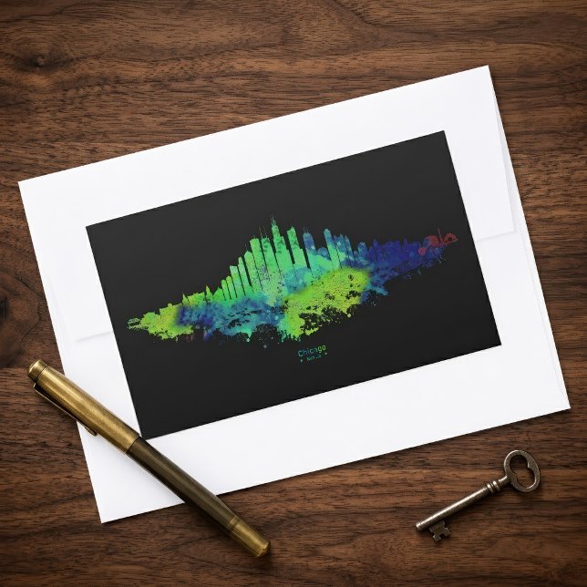 Pegatina Rectangular Impresiones de Arte de Acuarela del Horizonte de C (Chicago Skyline Watercolor Blue & Lime Art Prints. Rectangular Sticker)