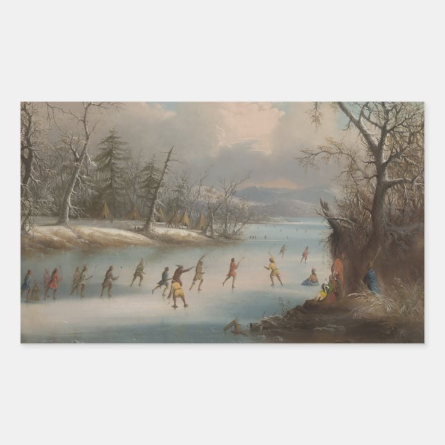 Pegatina Rectangular Indios que juegan LaCrosse en el hielo (Anverso)