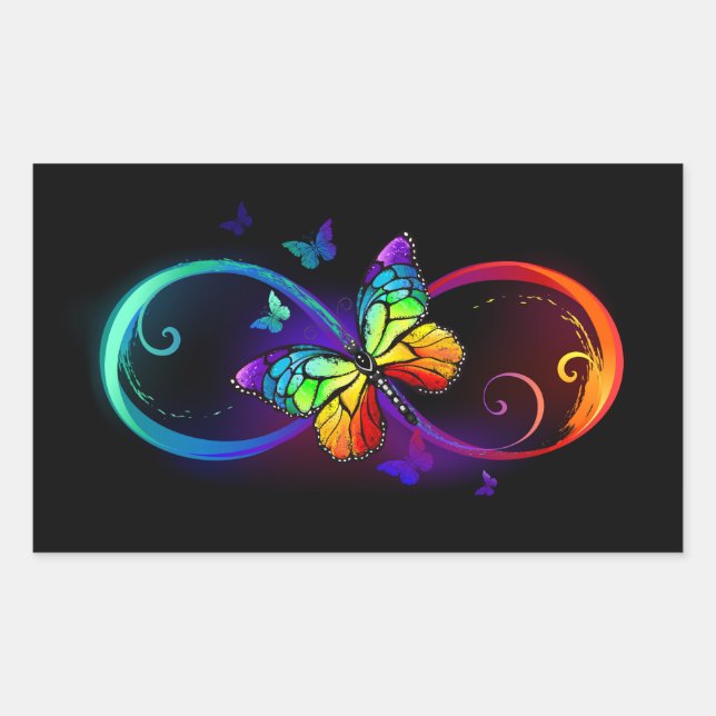 Pegatina Rectangular Infinito vibrante con mariposa arco iris sobre neg (Anverso)