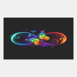 Pegatina Rectangular Infinito vibrante con mariposa arco iris sobre neg