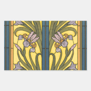 Pegatina Rectangular Iris Flor Art Nouveau Vidrio Manchado Oro Azul