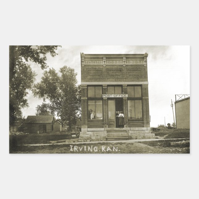 PEGATINA RECTANGULAR IRVING KANSAS POST OFFICE FOTO MARSHALL COUNTY KS (Anverso)