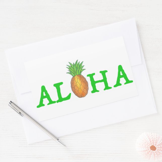 Pegatina Rectangular Isla Tropical ALOHA Pineapple Hawaiano Hola (Sobre)