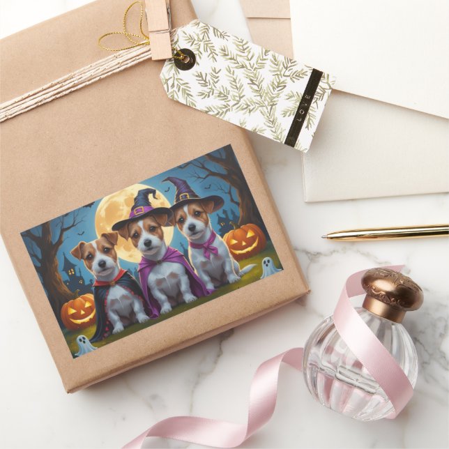 Pegatina Rectangular Jack Russell Dogs Pumpkin Halloween Funny (Regalar)