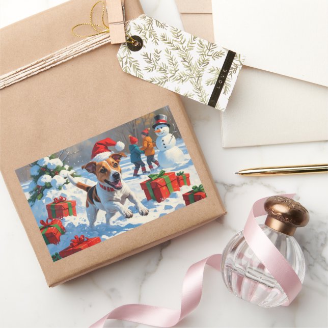 Pegatina Rectangular Jack Russell en Nieve con Gorra de Navidades (Regalar)