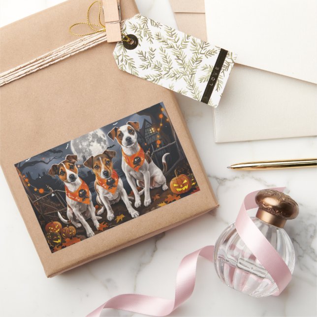 Pegatina Rectangular Jack Russell Halloween Espeluznante (Regalar)