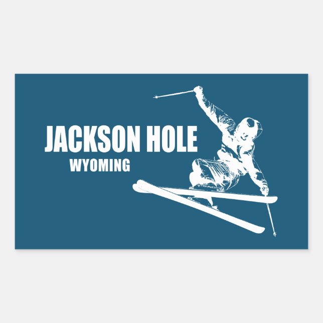 Pegatina Rectangular Jackson Hole Wyoming Skier (Anverso)