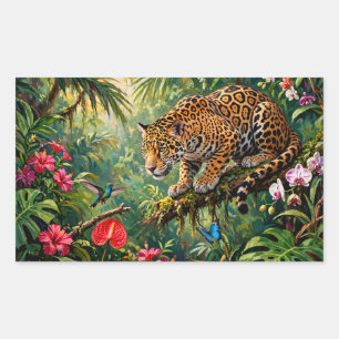 Pegatina Rectangular Jaguar Selva Colibríes Mariposas Flores