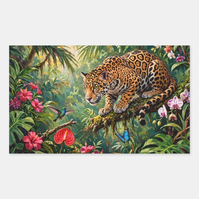 Pegatina Rectangular Jaguar Selva Colibríes Mariposas Flores (Anverso)