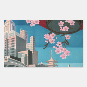 Pegatina Rectangular Japón Tokio Cartel de viaje japonés vintage