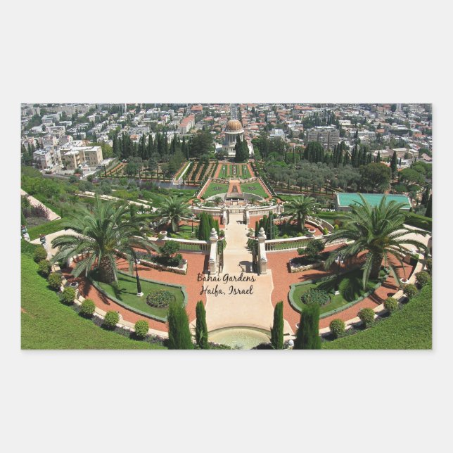 Pegatina Rectangular Jardines Bahai en Haifa, Israel (Anverso)