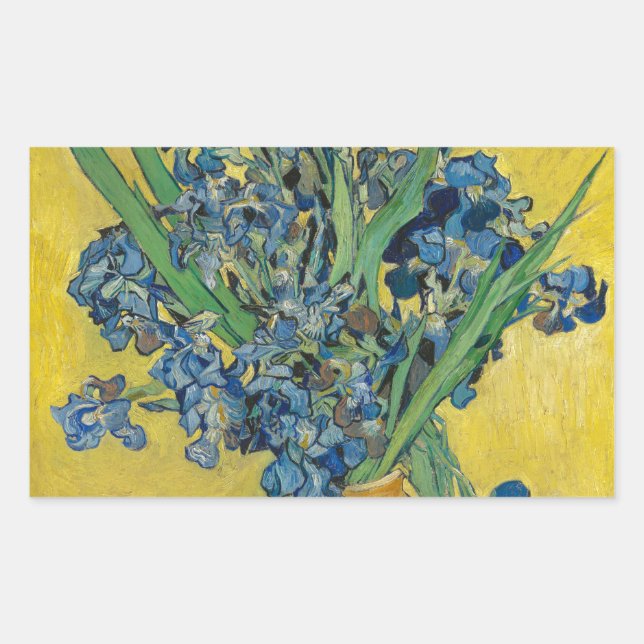 Pegatina Rectangular Jarrón Van Gogh con Iris Clasicismo Impresionista (Anverso)