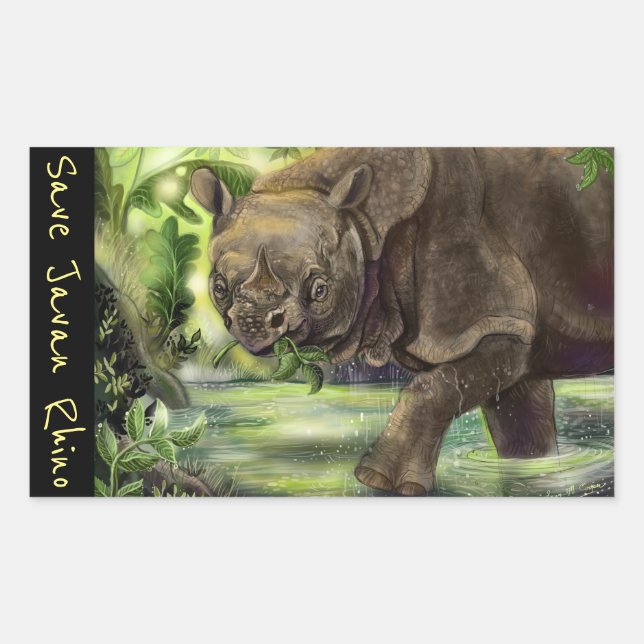 Pegatina Rectangular Javan Rhino pone en peligro el arte animal (Anverso)