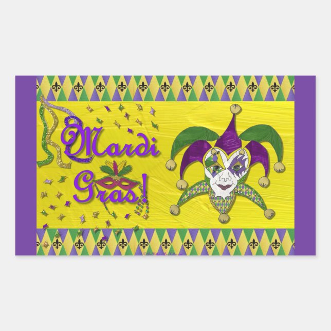 Pegatina Rectangular Jester Mask Mardi Gras Harlequin (Anverso)