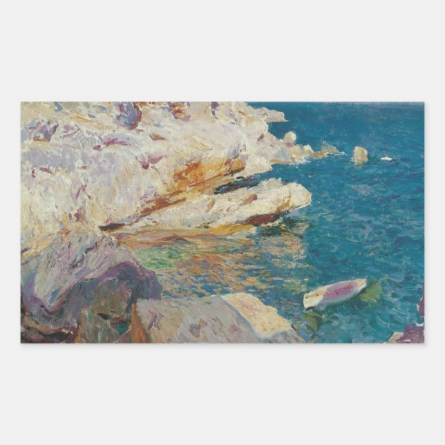 Pegatina Rectangular Joaquín Sorolla-Rocas de Jávea y el barco blanco (Anverso)