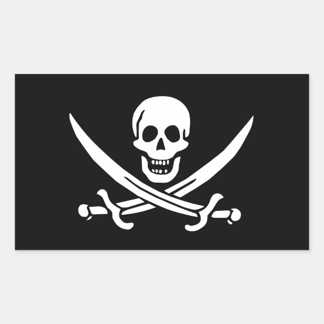 Pegatina Rectangular Jolly Roger de Calico Jack Rackham (NEGRO) (Anverso)