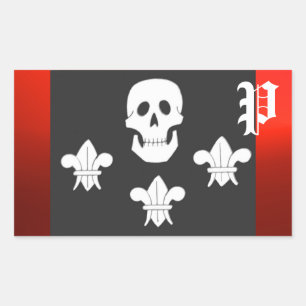 PEGATINA RECTANGULAR JOLLY ROGER SKULL Y TRES LILIES FLAG MONOGRAM