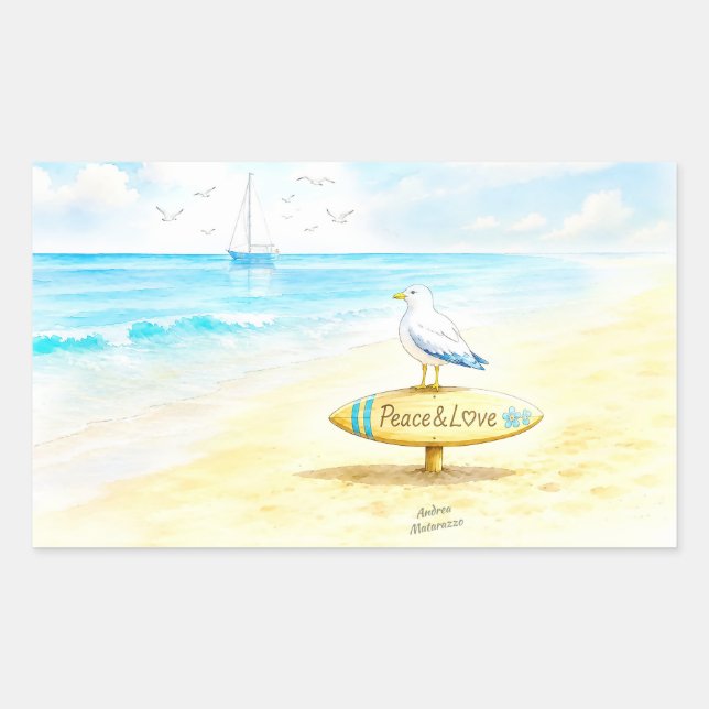 Pegatina Rectangular Jon Seagull - Paz y Amor  (Anverso)