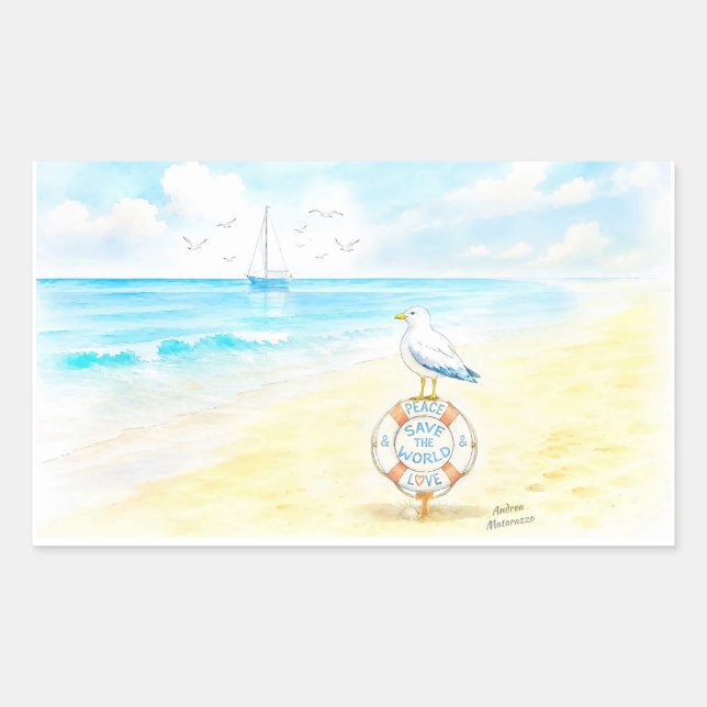 Pegatina Rectangular Jon Seagull - Paz y Amor Salvan el Mundo (Anverso)