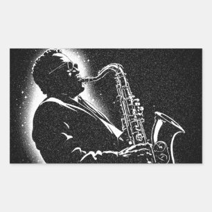 Pegatina Rectangular Jugador de Saxofón Estilo Gráfico BW 50s