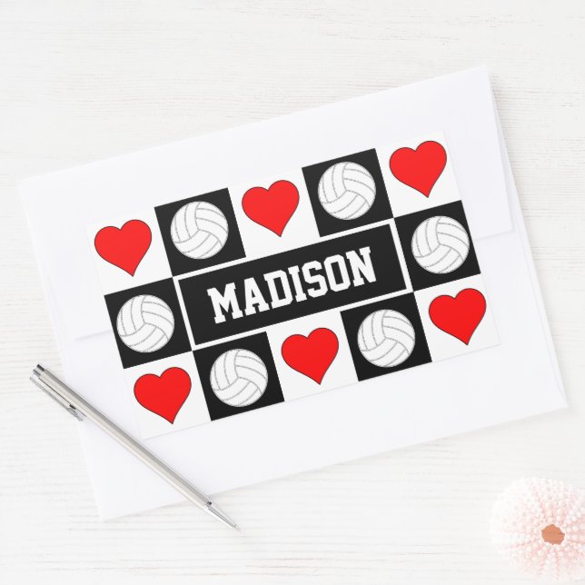 Pegatina Rectangular Jugador Personalizado de voleibol y corazón nombre (Sobre)