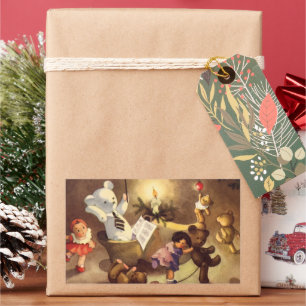 Pegatina Rectangular Juguetes Navideños Antiguos, Muñecas Bailarinas, O